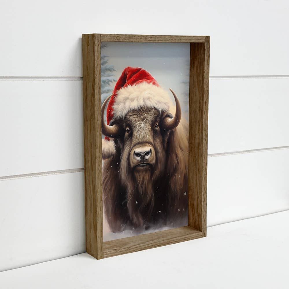 Christmas Bison Santa Hat - Animal Christmas Canvas Art