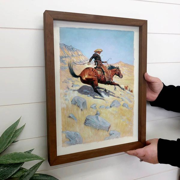 Downhill Cowboy - Ranch House Canvas Art - Wood Framed Art