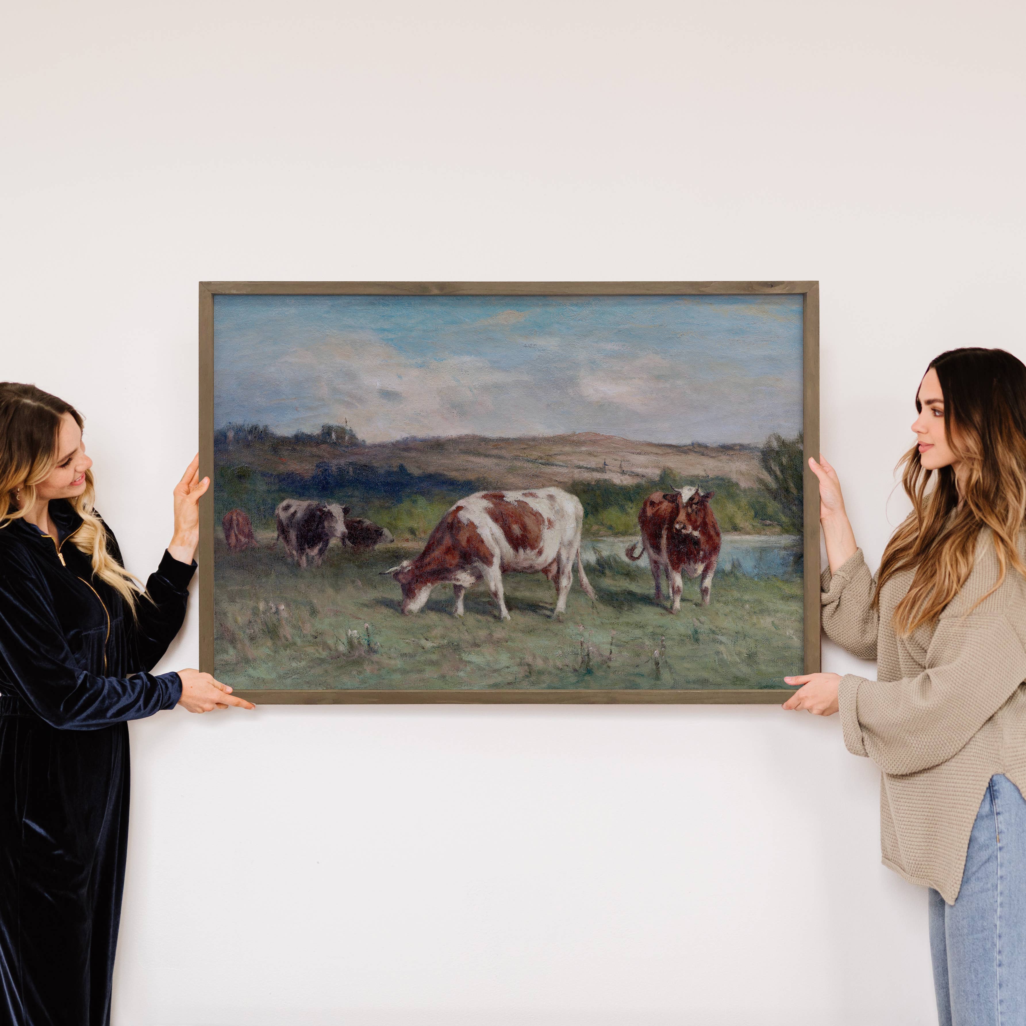 Pasture Cows - Farm Animal Canvas Art - Wood Framed Decor