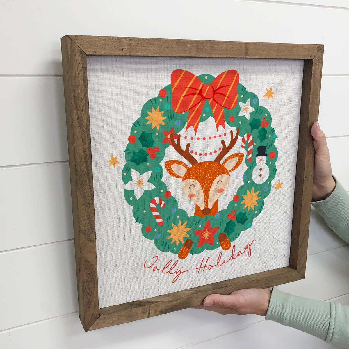 Jolly Holiday Deer Wreath - Holiday Canvas Art - Framed Art
