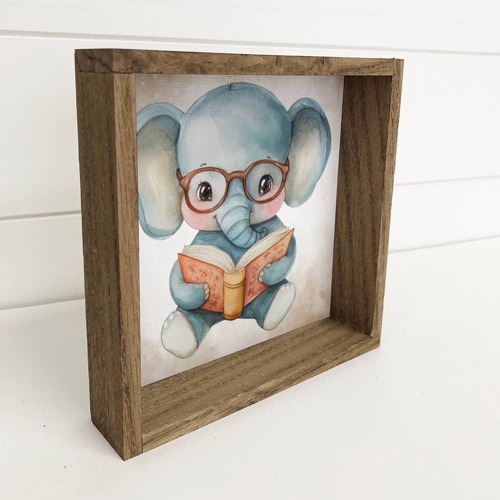 Elephant Reading Book - Cute Elephant Canvas Art - Framed