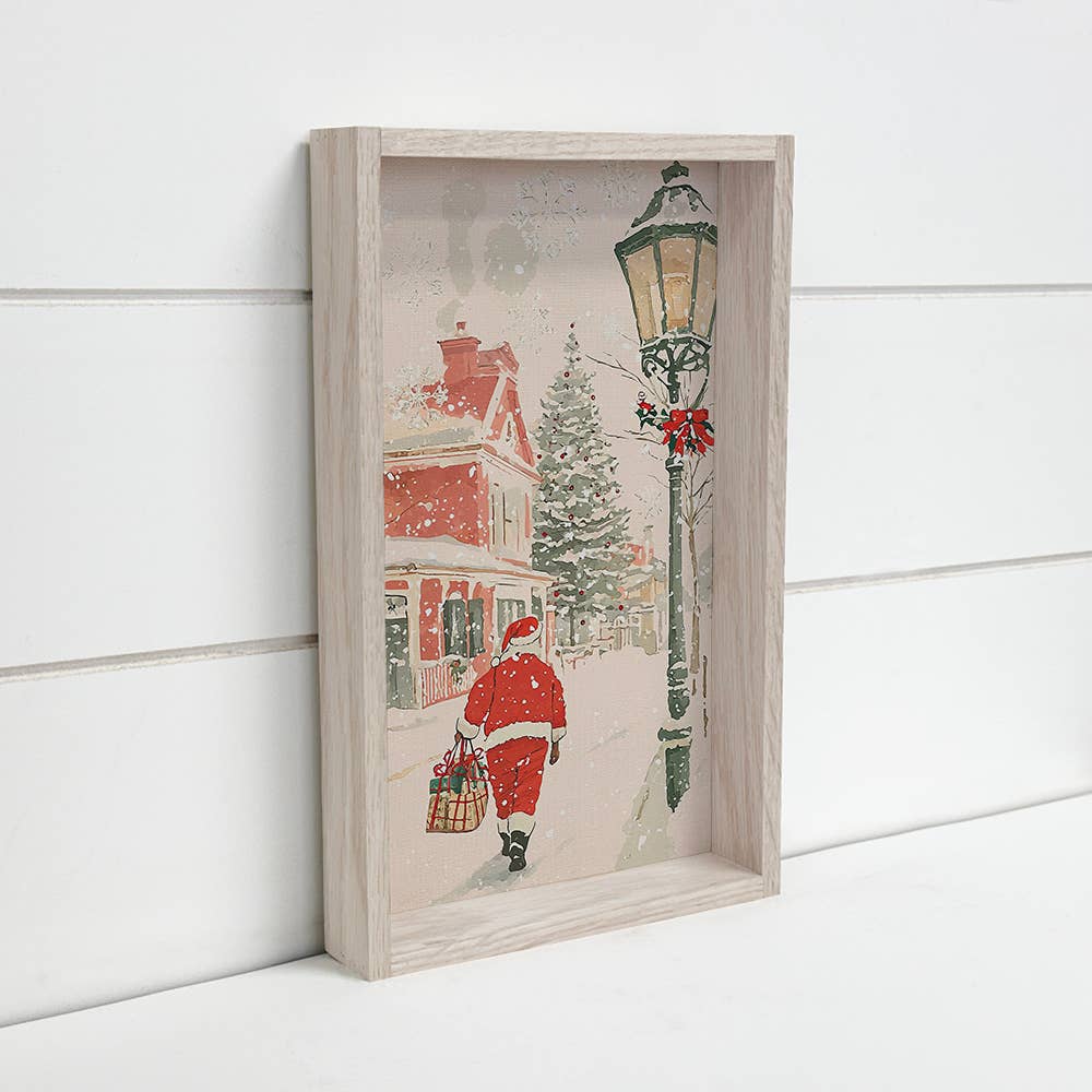 Santa Walking Through Town - Santa Canvas Art - Wood Framed