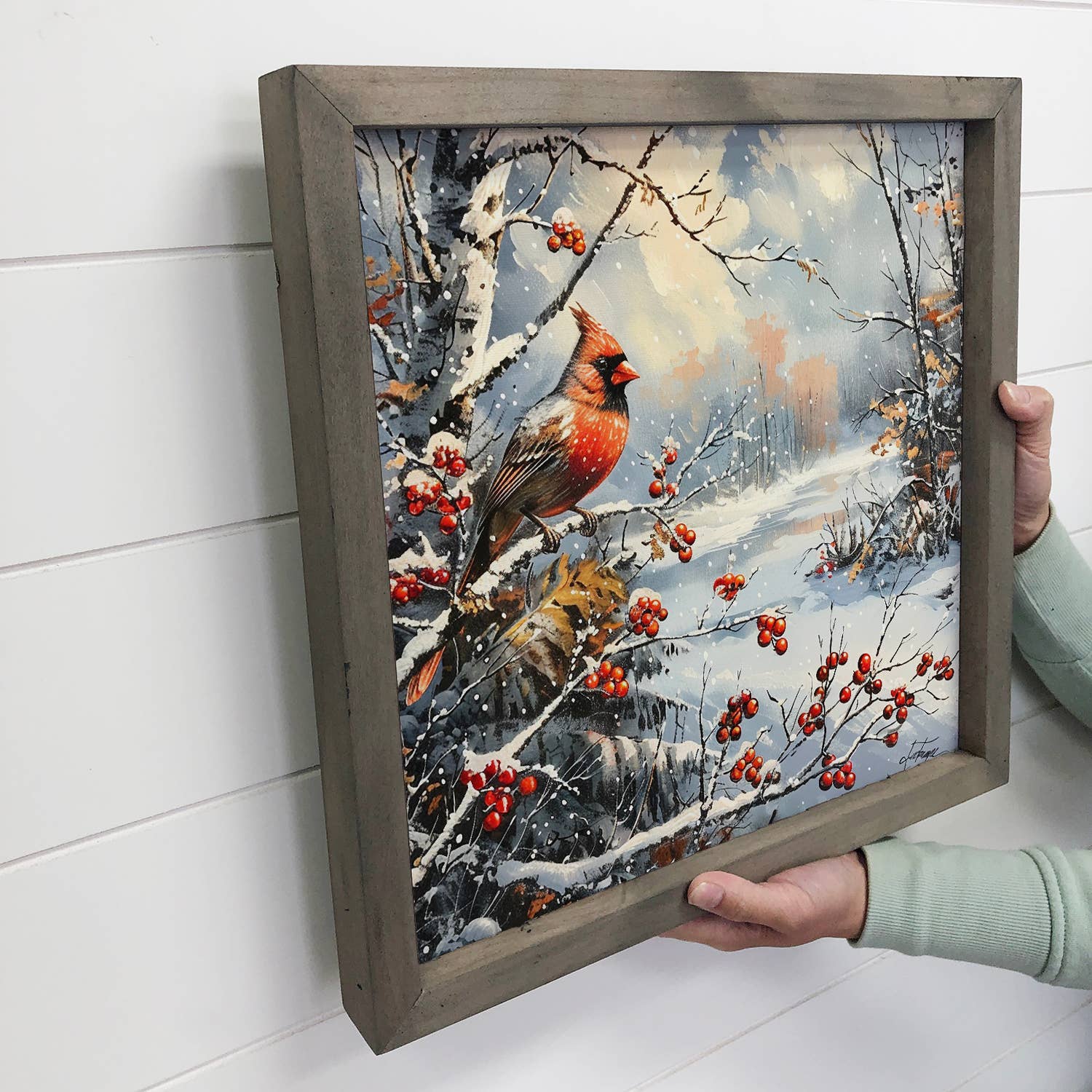 Cardinal in Snowy Winter Scene - Winter Bird Canvas Art
