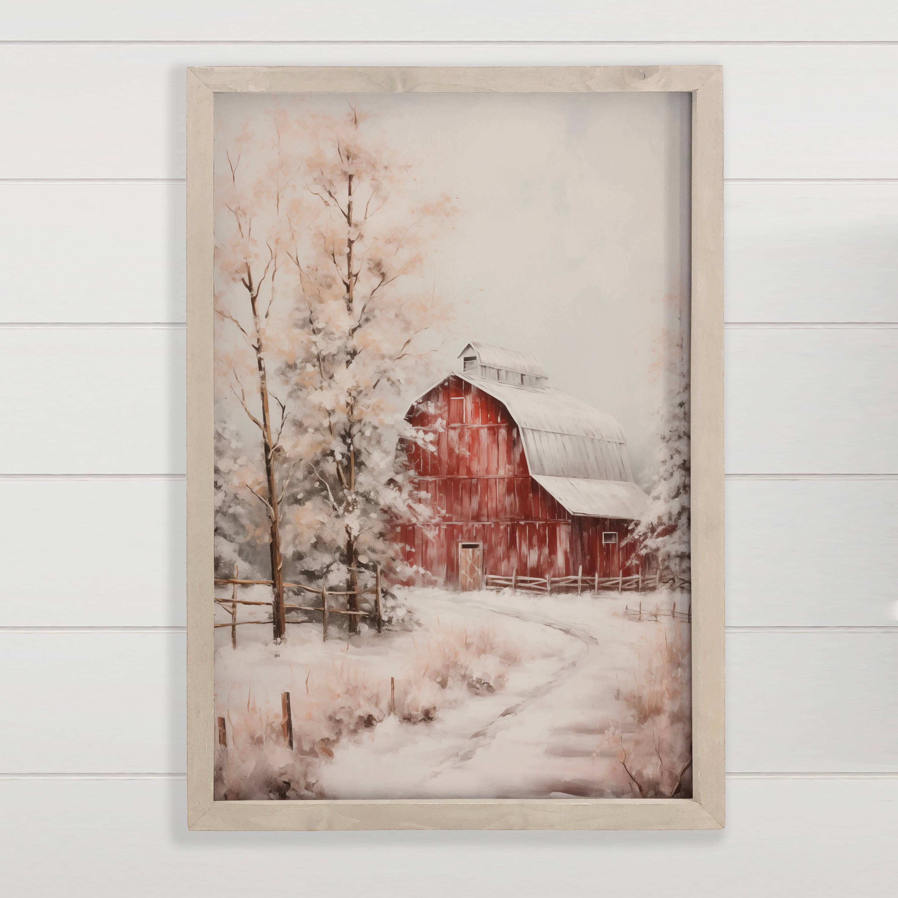 Snowy Winter Red Barn - Winter Scene Canvas Art - Framed
