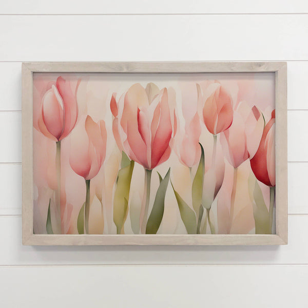 Soft Pink Tulips - Spring Flower Canvas Art - Wood Framed