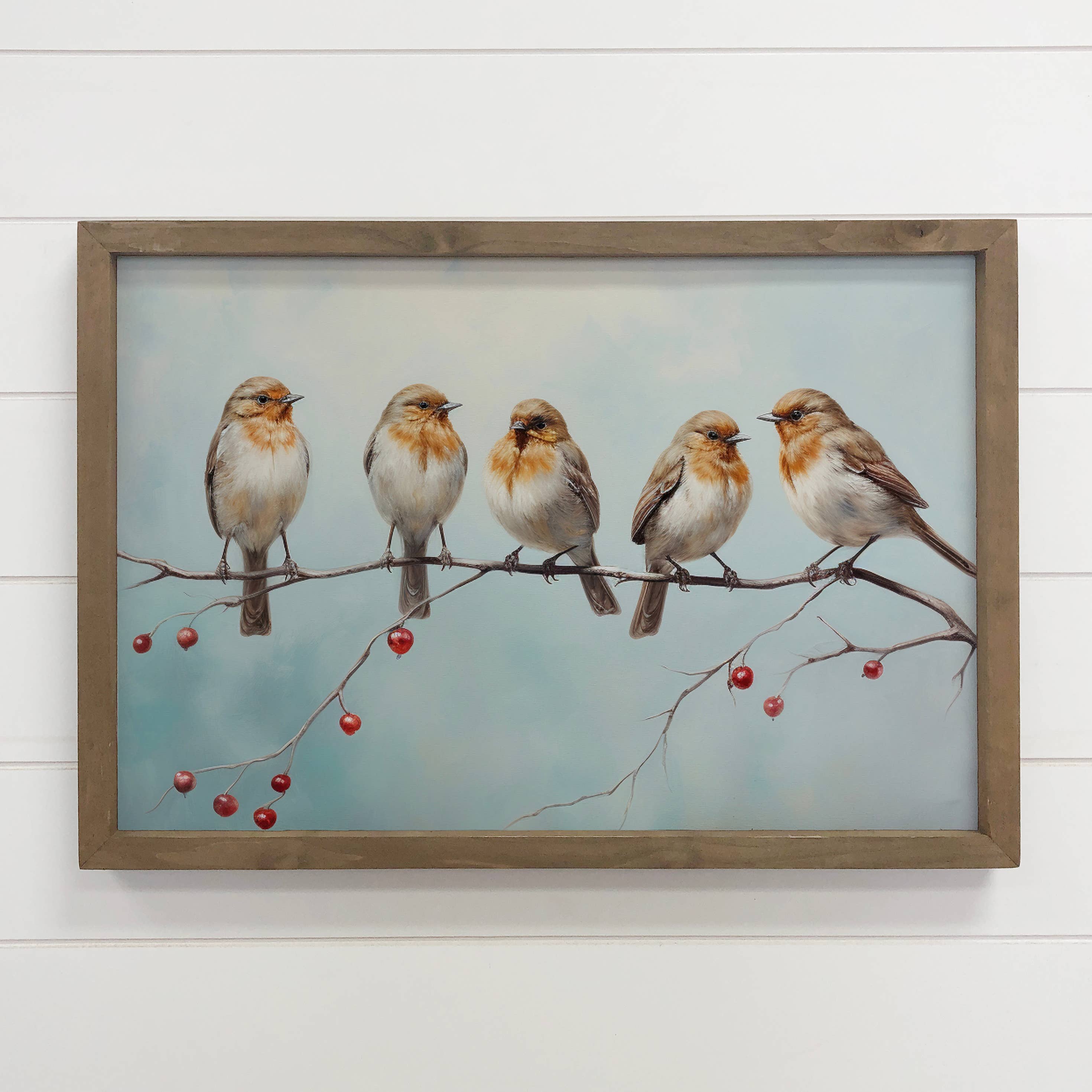 Five Birds on a Branch - Wildlife Canvas Art - Wood Framed