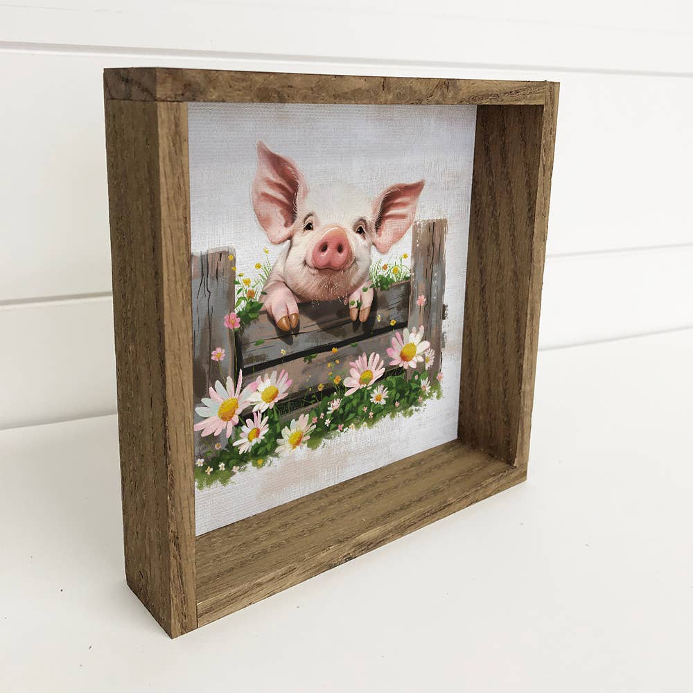 Pig Over Fence With Flowers - Pig Canvas Art - Wood Framed