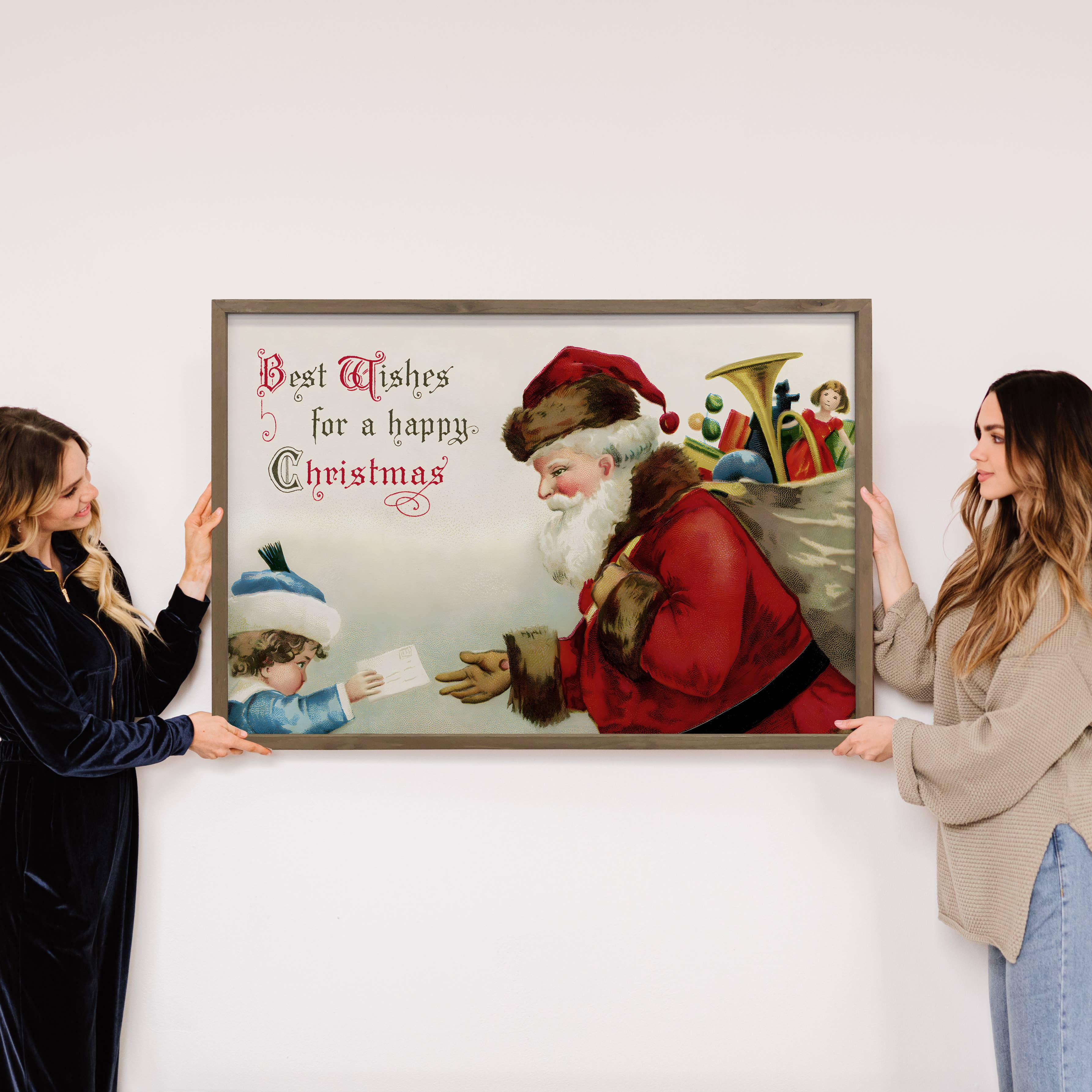 Vintage Santa Best Wishes - Wood Framed Art - Christmas Art