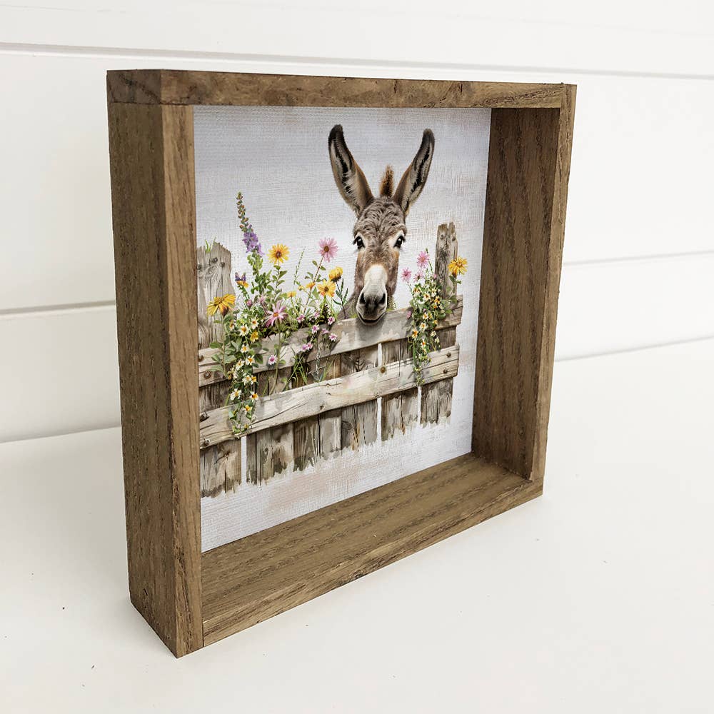 Donkey Over Fence with Flowers  - Donkey Canvas Art - Framed