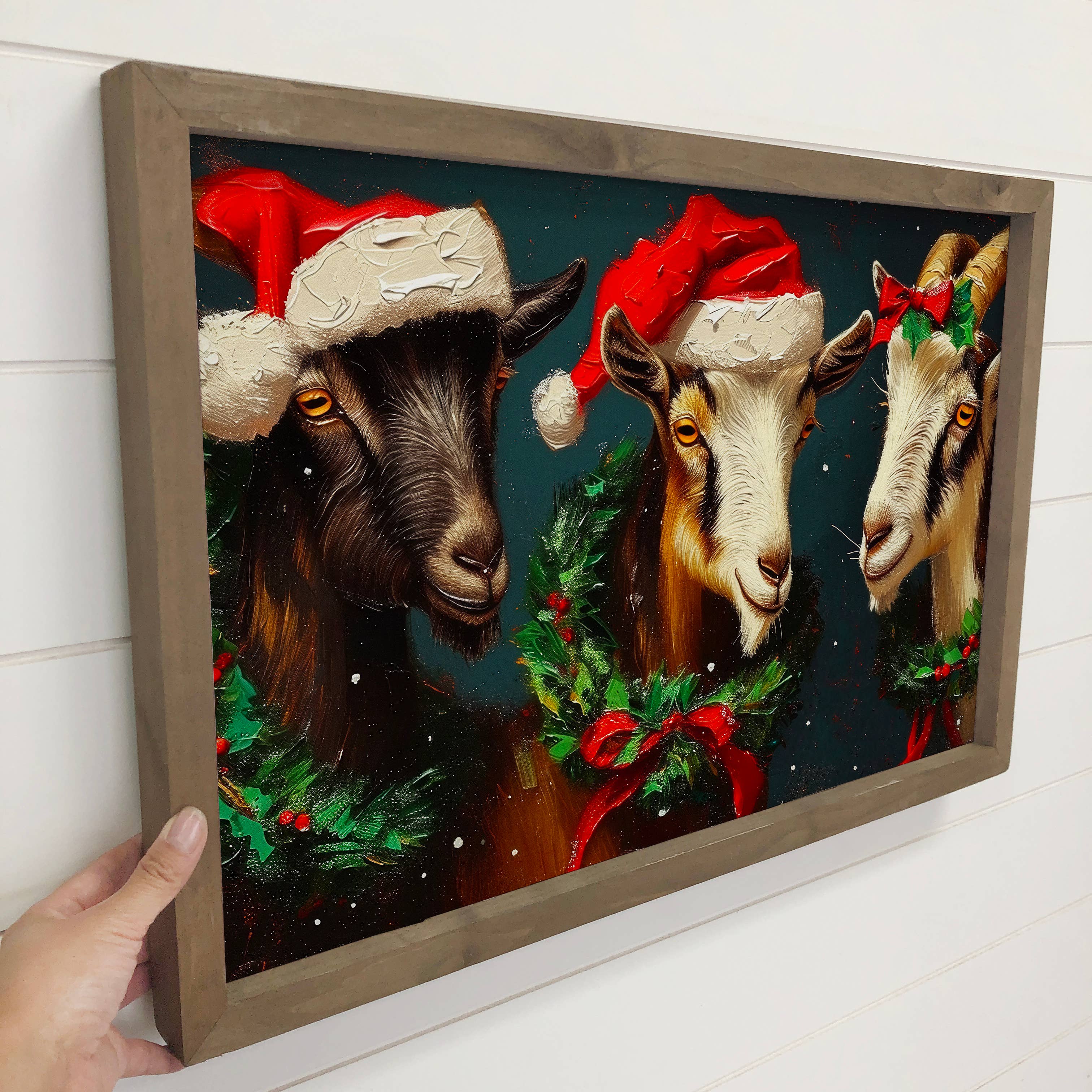 Three Christmas Goats - Christmas Canvas Art - Wood Framed