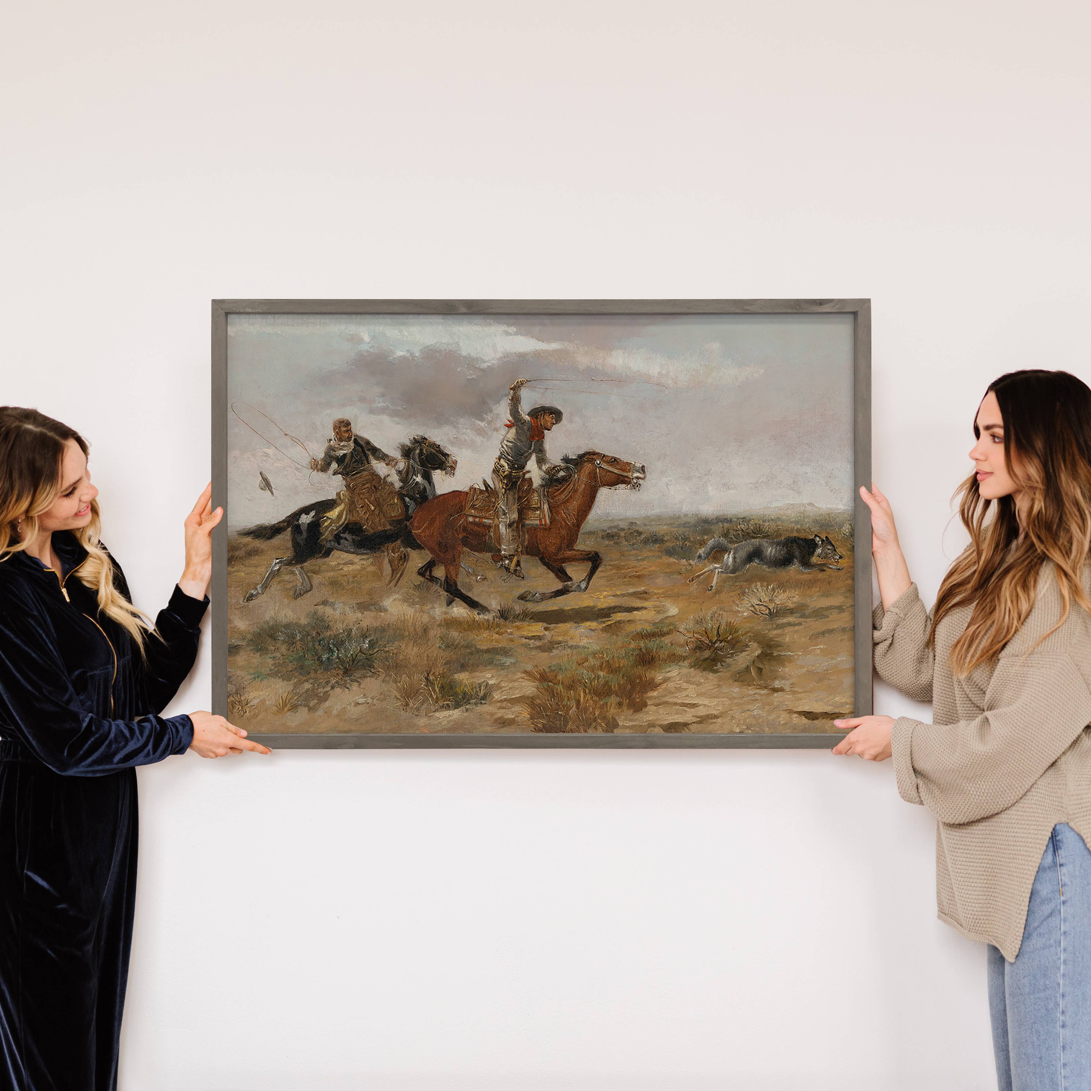 Cowboys Roping Wolf - Cowboy Canvas Art - Wood Framed Decor