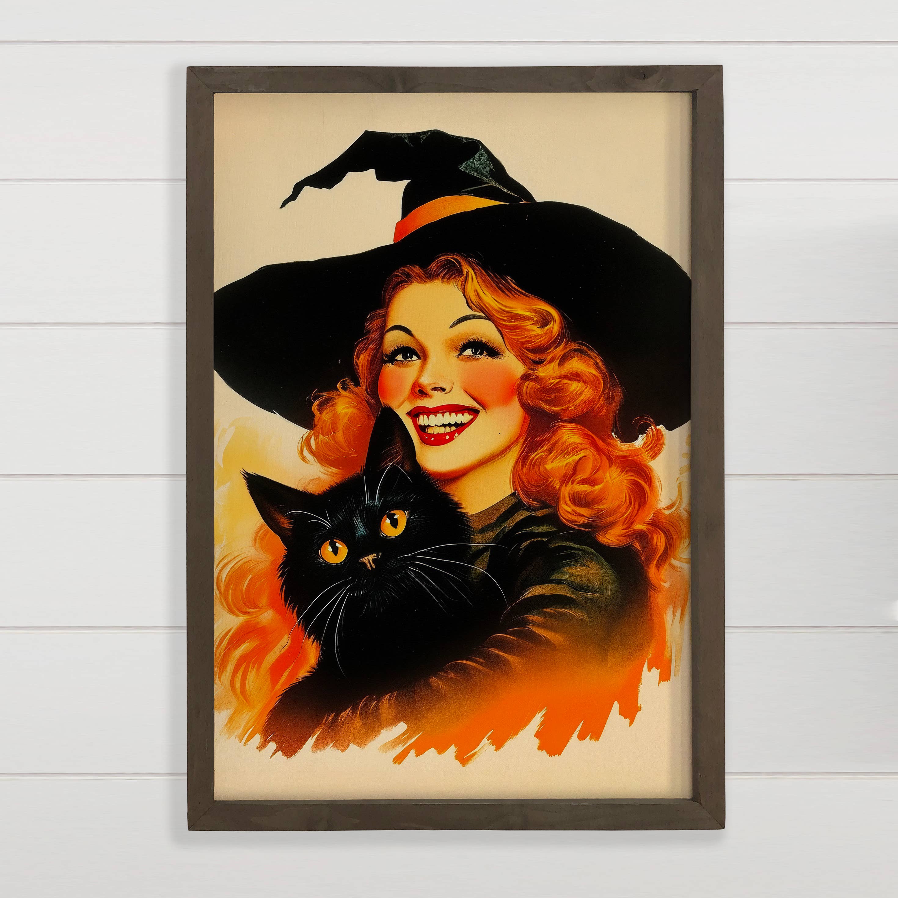 Vintage Witch and Black Cat Poster - Halloween Canvas Art