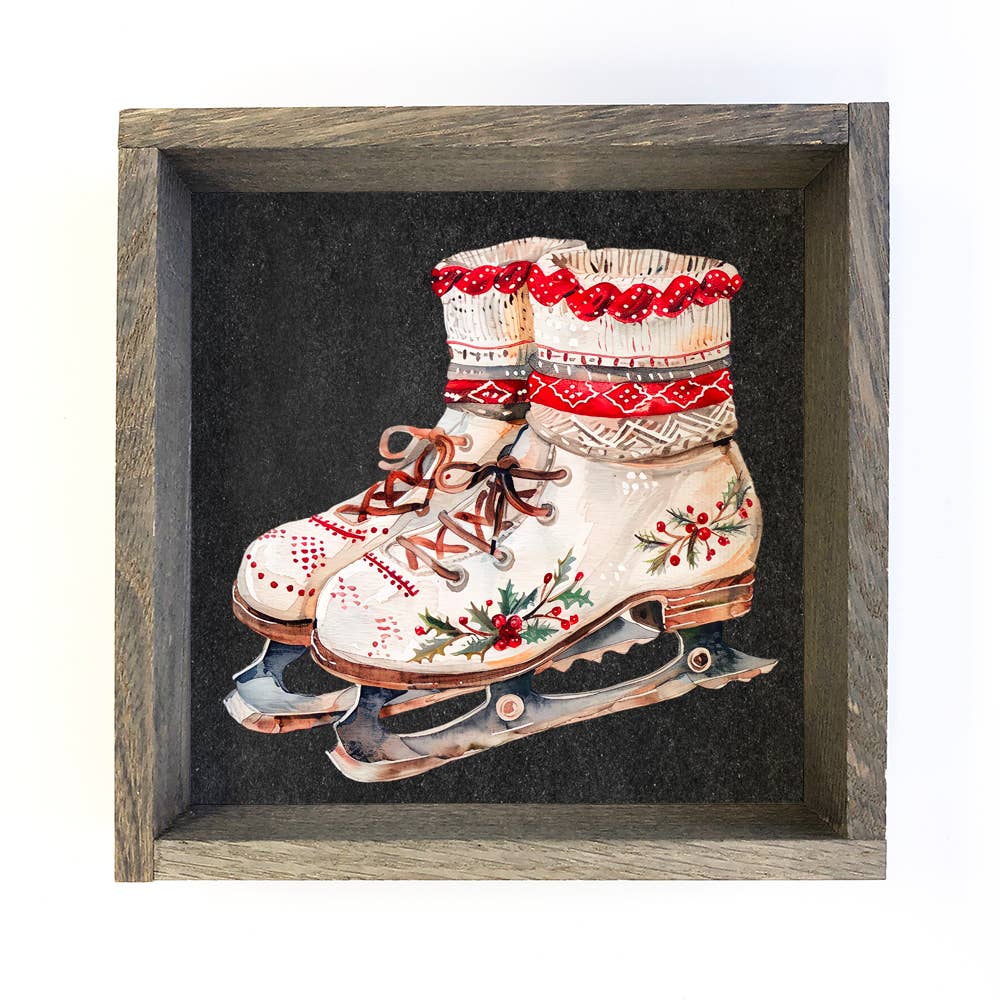 Scandi Watercolor Ice Skates - Winter Canvas Art - Framed