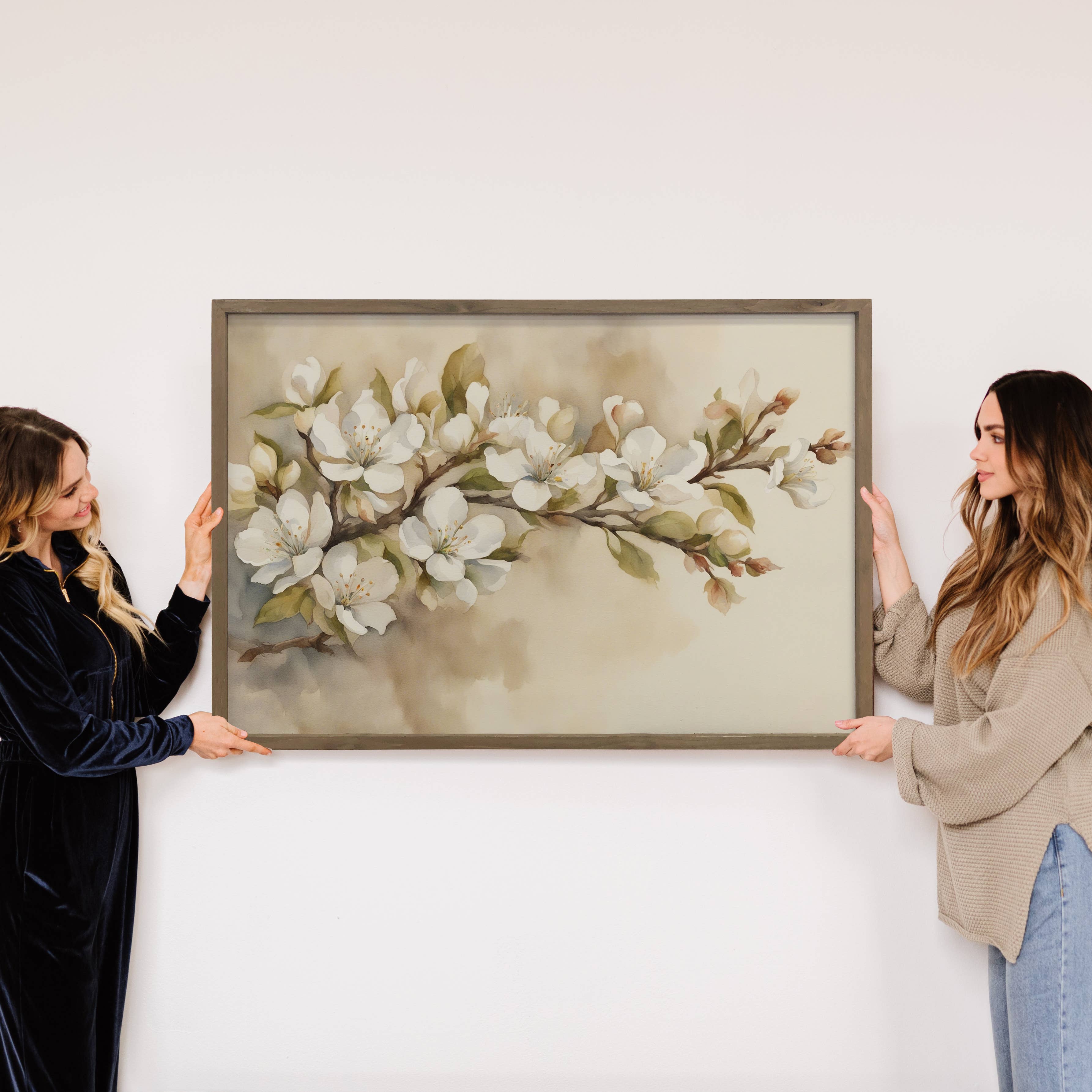 Beige Blossoms Bliss - Floral Canvas Art - Wood Framed Decor