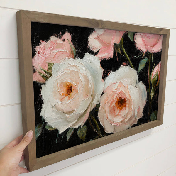 Soft Pink Roses on Black - Rose Flower Canvas Art - Framed