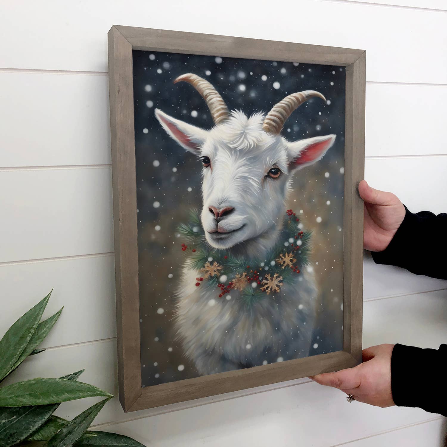 Christmas Goat in the Snow - Goat Canvas Art - Wood Framed