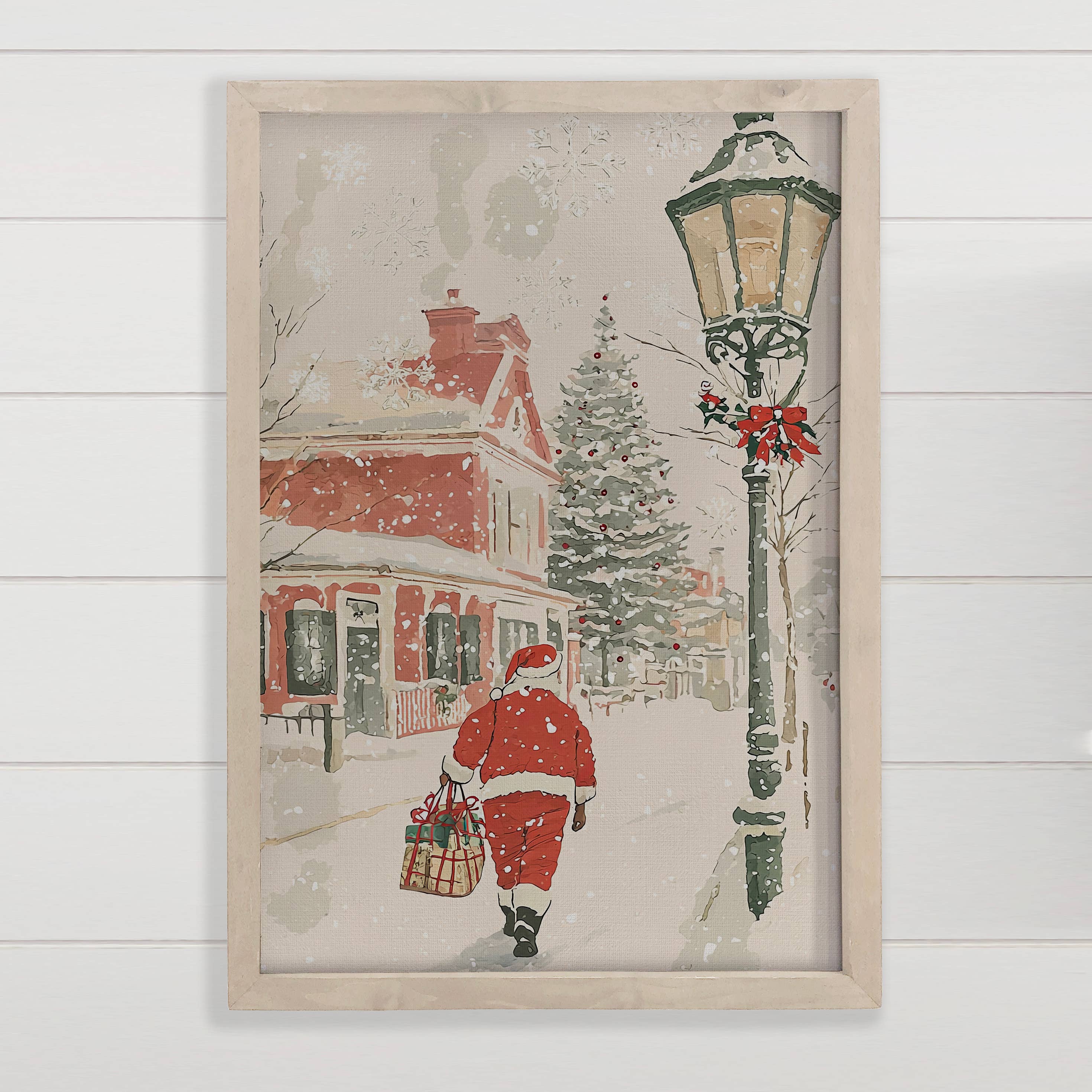 Santa Walking Through Town - Santa Canvas Art - Wood Framed