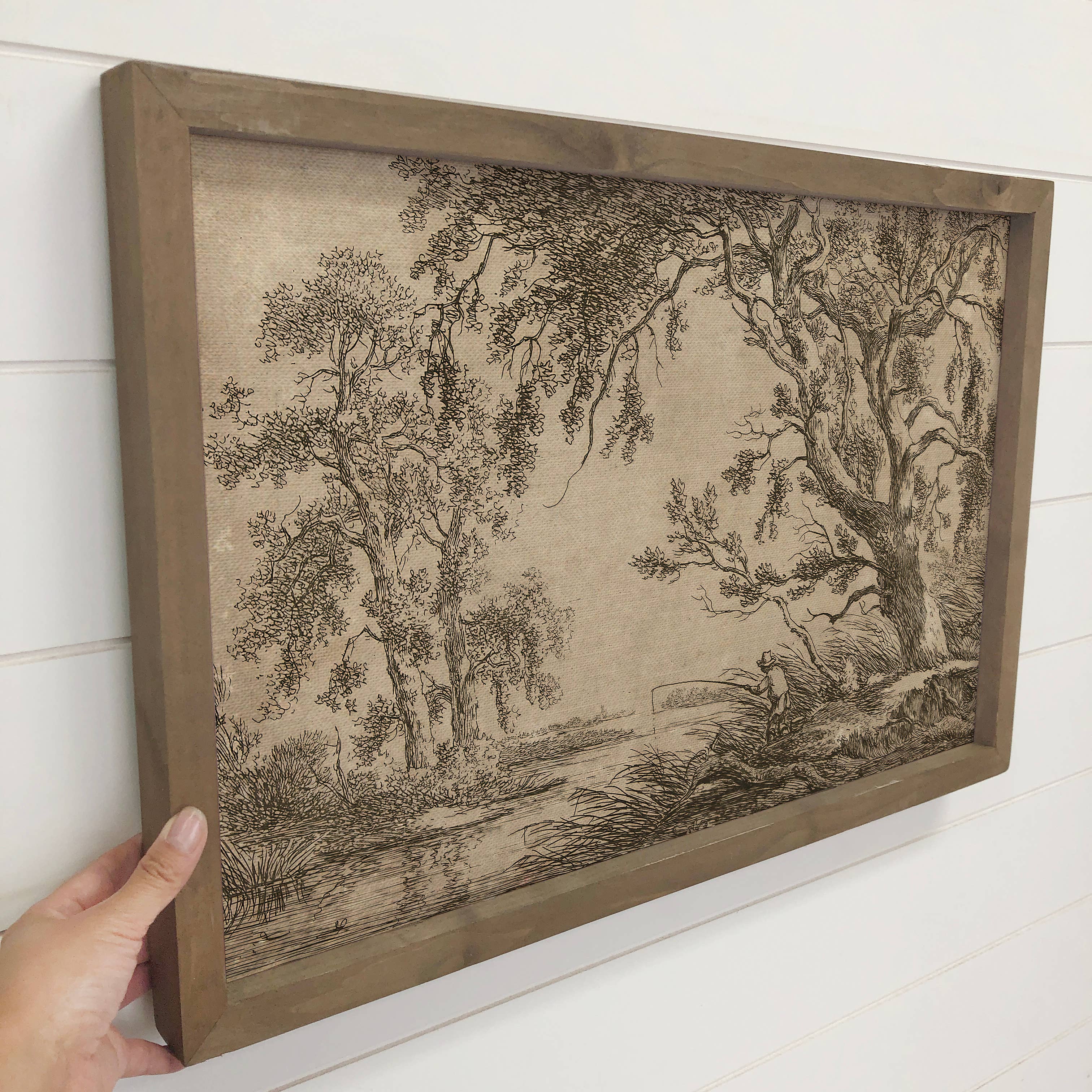 Fisherman Under the Trees - Nature Sketch Canvas Art