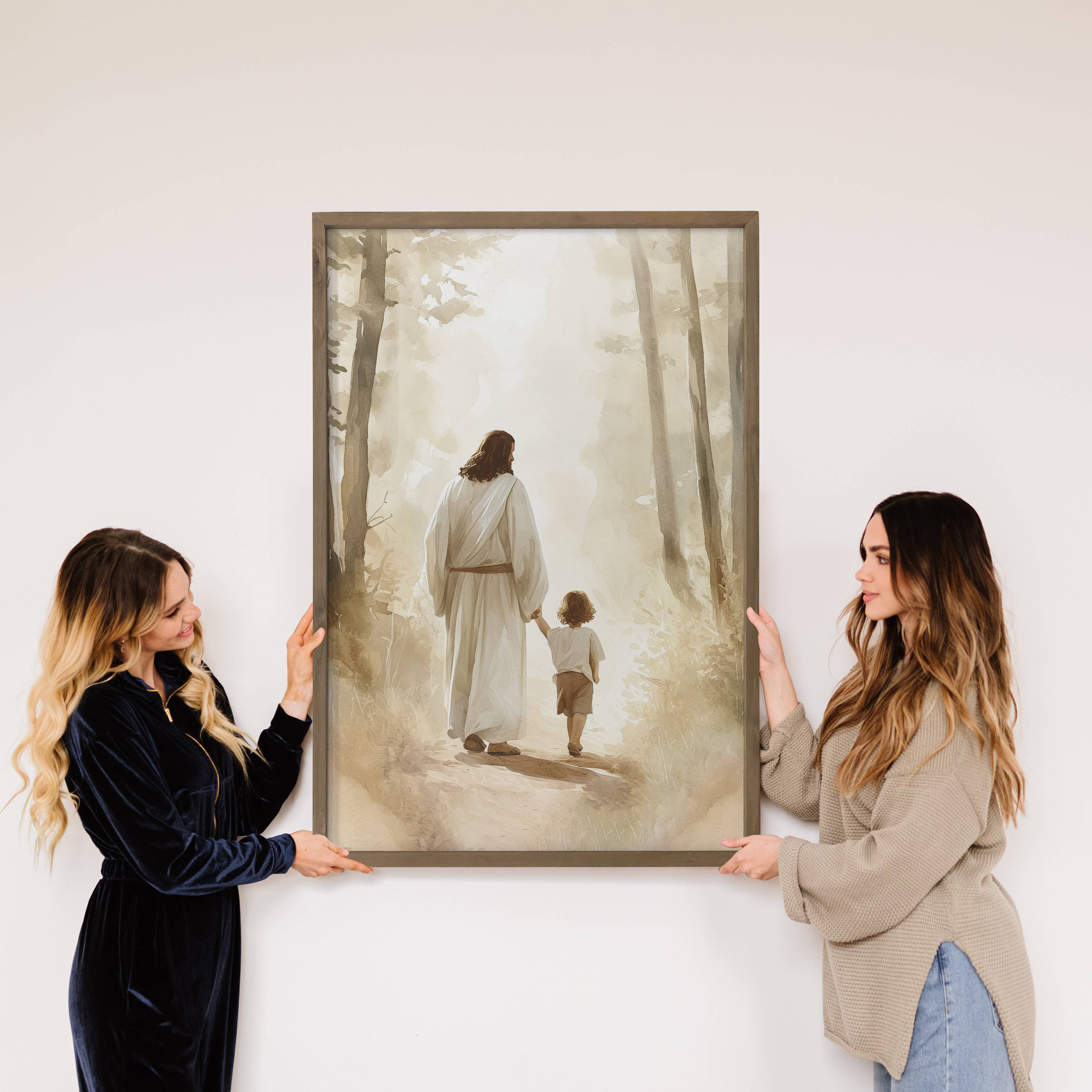 Jesus Walking with Curly Haired Boy - Jesus Canvas Art