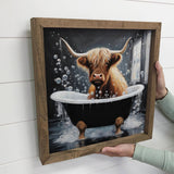 Highland Cow in Black Tub - Wood Framed Canvas Art - Animal