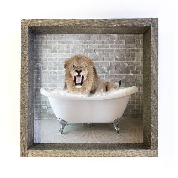 Funny Bathroom Lion in a Bathtub Greywash Wood Frame