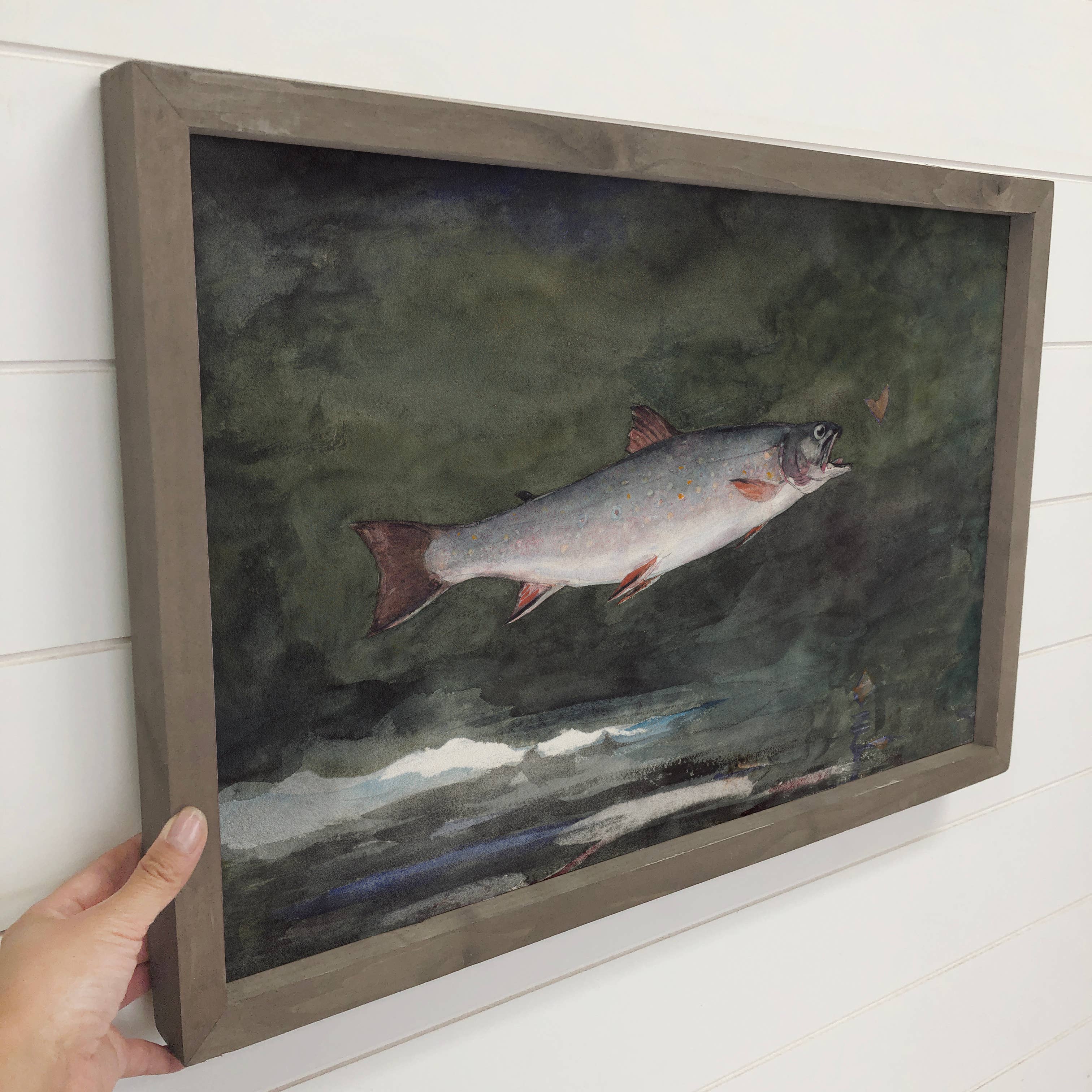 Leaping Trout - Cabin Canvas Wall Art - Wood Framed