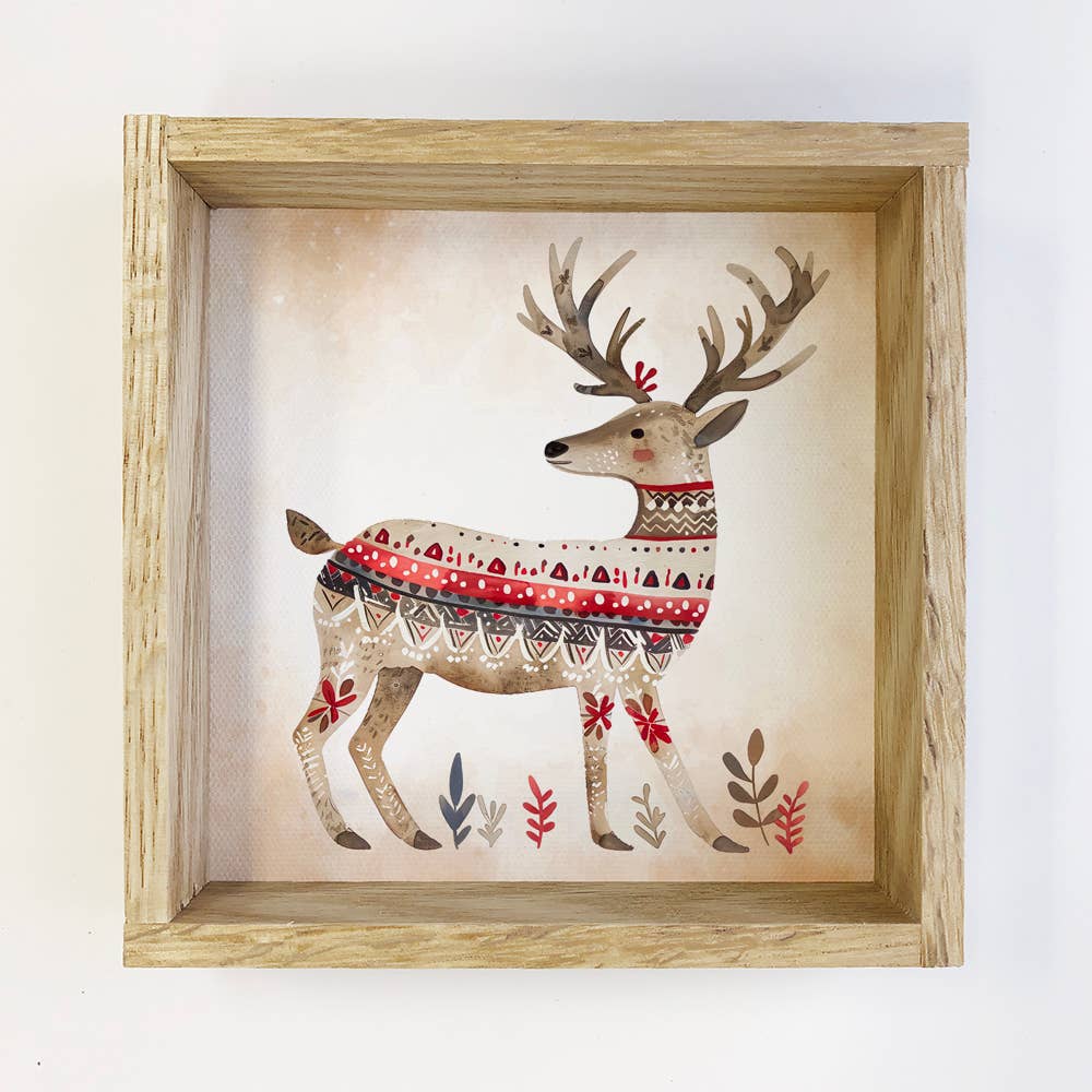 Scandi Watercolor Winter Deer - Deer Canvas Art - Wood Frame