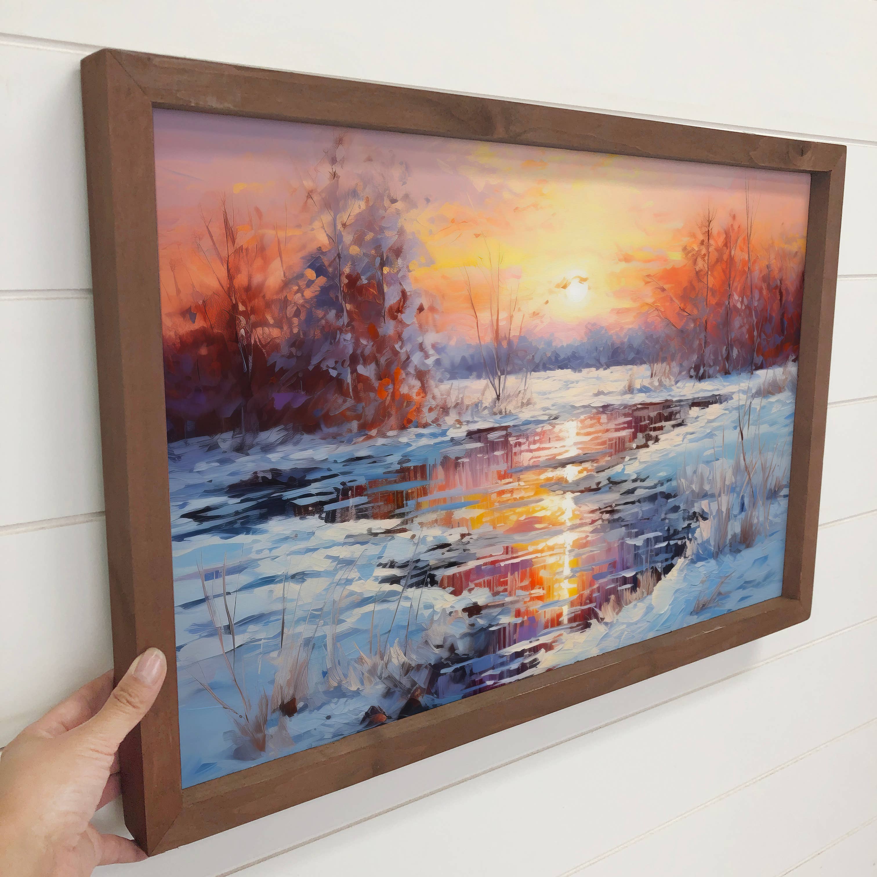 Winter River Sparkling Sunset - Winter Landscape Canvas Art