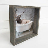 Elk in a Bubble Bath Funny Bathroom Greywash Wood Frame