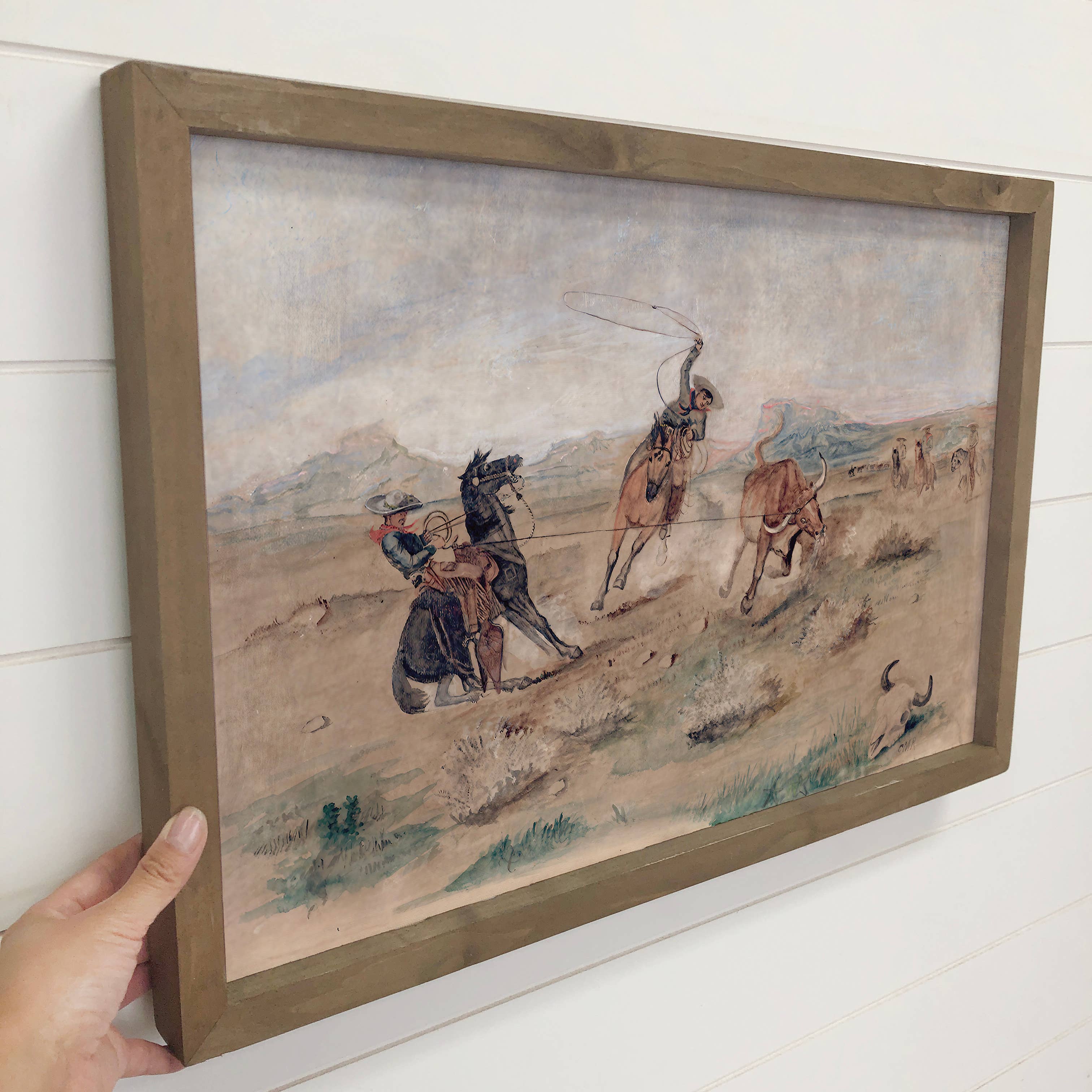 Cowboys Roping Bulls - Cowboy Canvas Art - Wood Framed Art