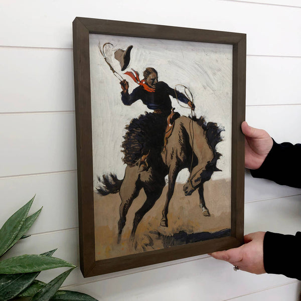 Bucking Cowboy - Ranch House Canvas Art - Wood Framed Decor
