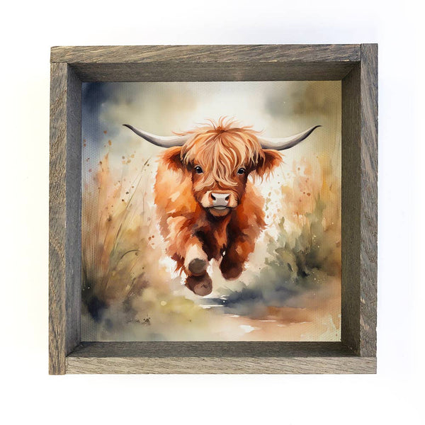 Running Baby Highland Cow - Baby Animal Farmhouse Canvas Art