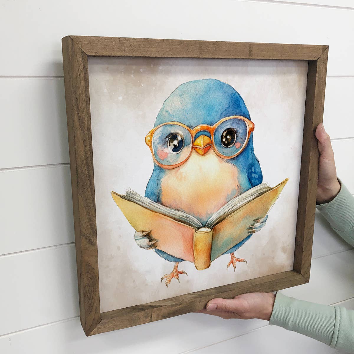 Bird Reading Book - Cute Bird Canvas Art - Wood Framed Art