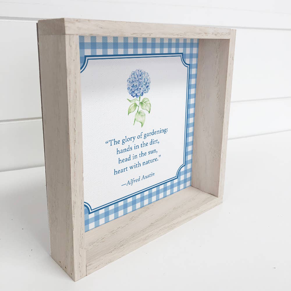 Hydrangea Gardening Blue Gingham - Canvas Word Art - Framed