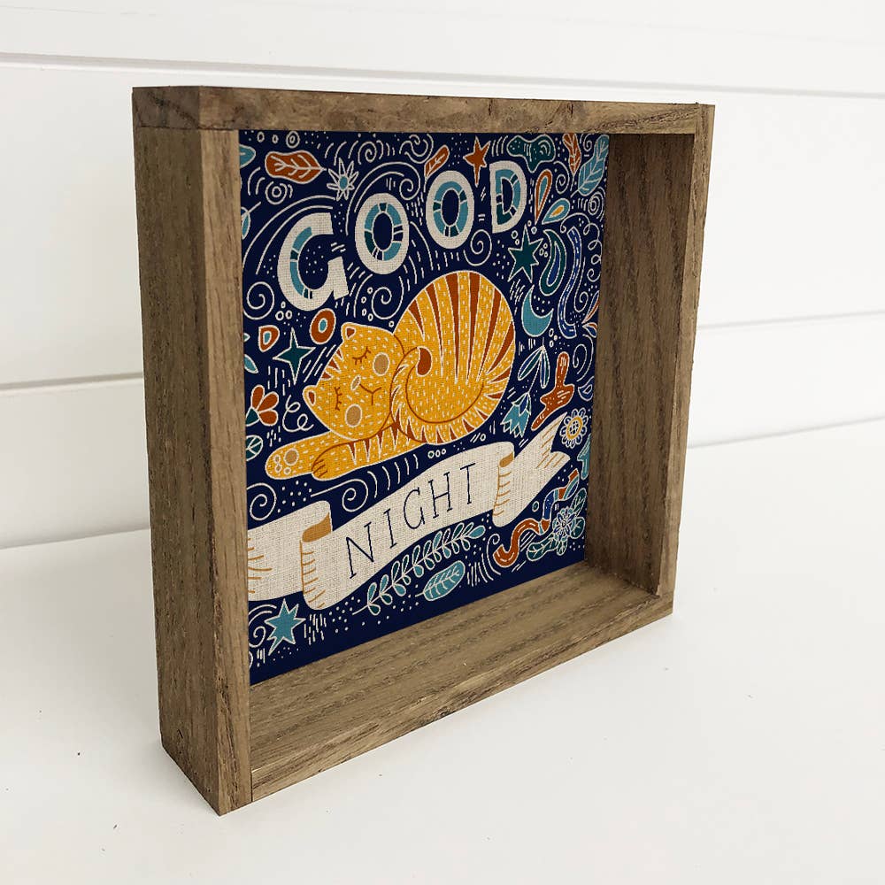 Folk Good Night Cat - Folk Animal Canvas Art - Bedroom Decor