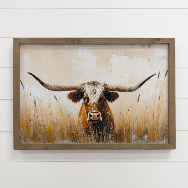 Long Horn Cow Texas Grass - Long Horn Cow Canvas Art - Frame