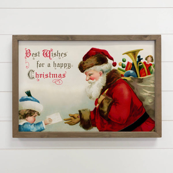 Vintage Santa Best Wishes - Wood Framed Art - Christmas Art