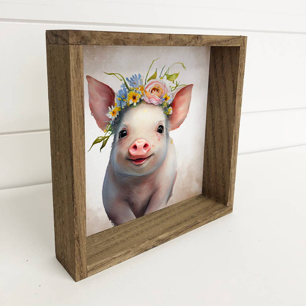 Cute Flower Pig - Nursery Wall Art with Rustic Wood Frame