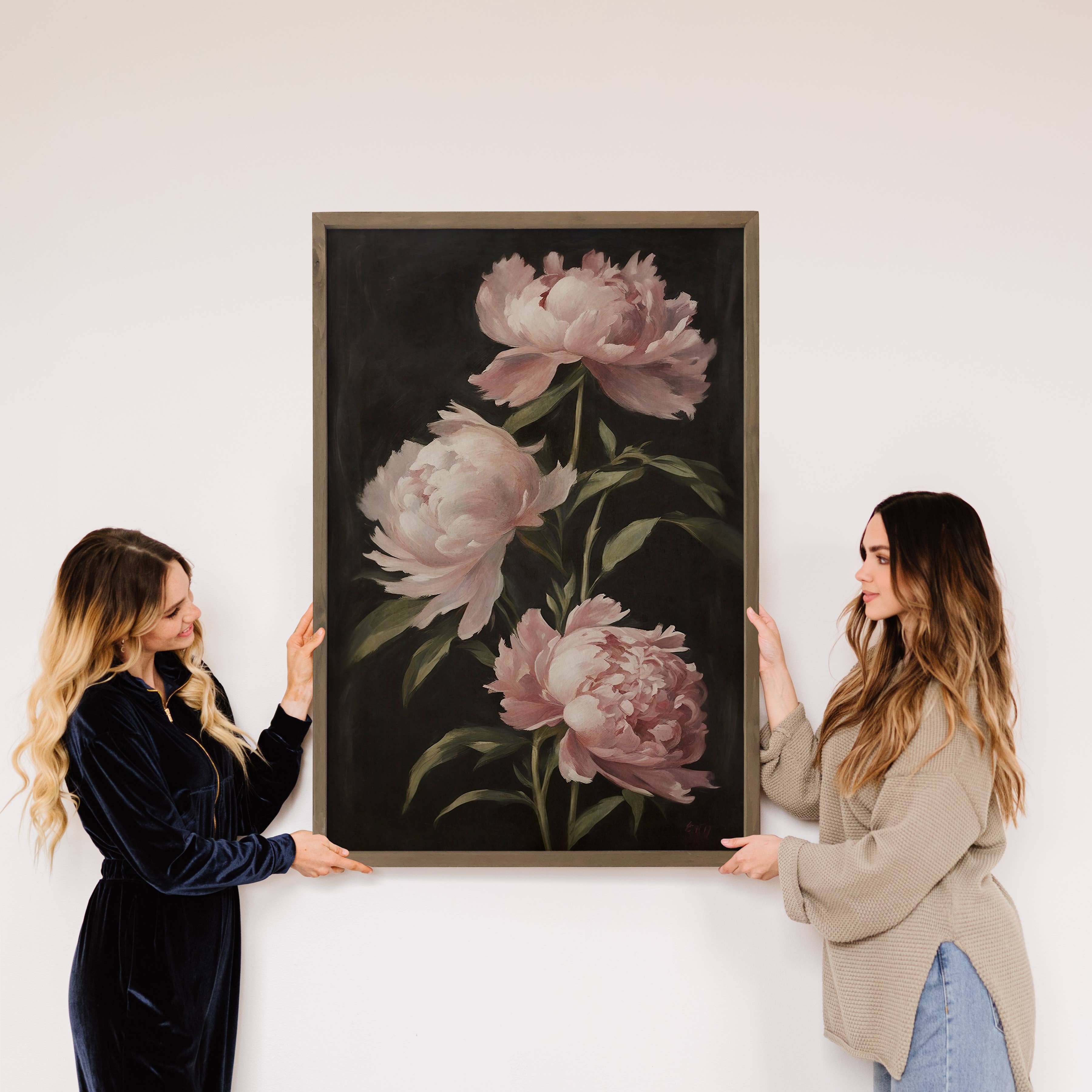 Blush Peonies Dark Painting - Farmhouse Flower Canvas Art