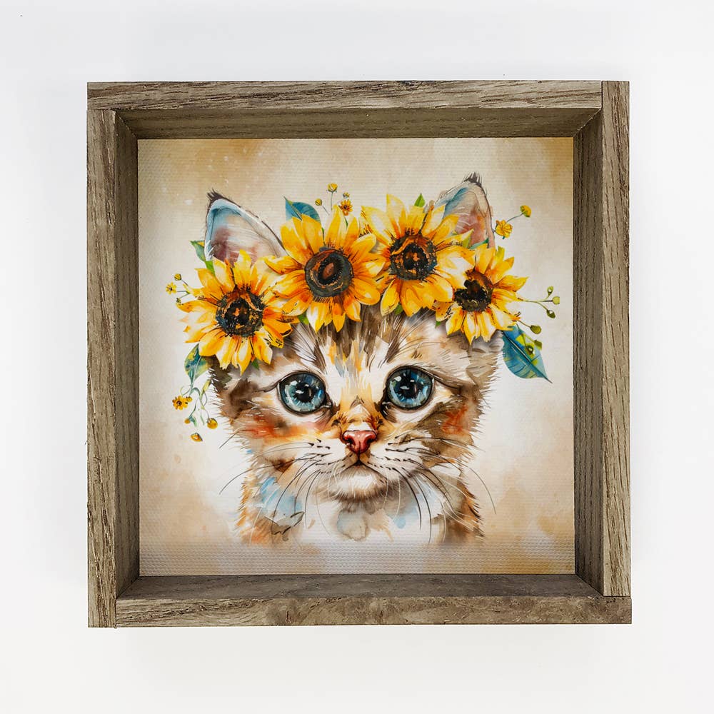 Cat with Sunflower Crown - Cat Canvas Wall Art - Wood Framed