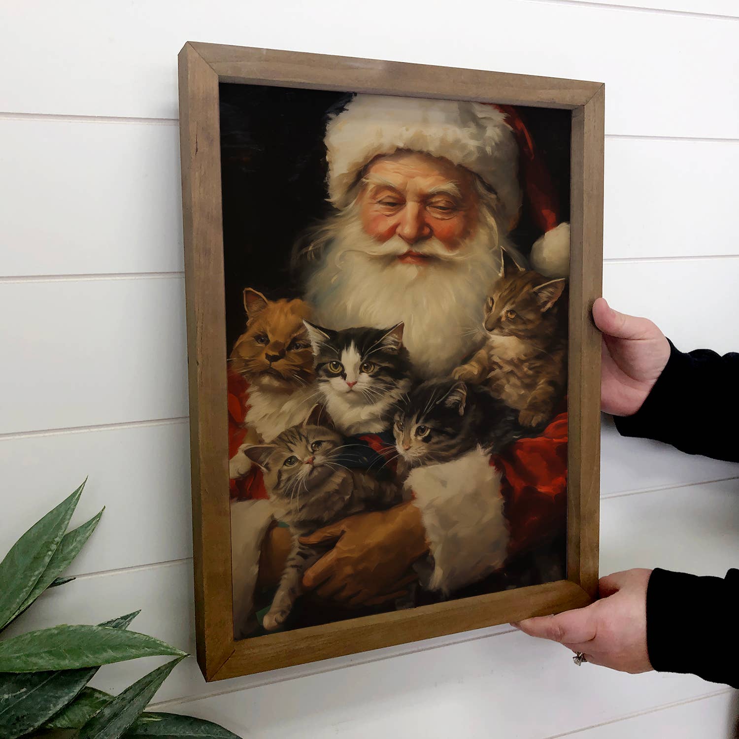 Santa Claus and Cats - Santa Canvas Art - Wood Framed Art
