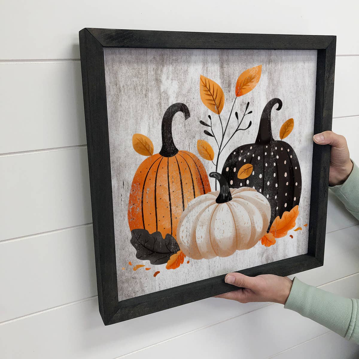 Folk Halloween Pumpkin Trio - Halloween Canvas Art - Framed