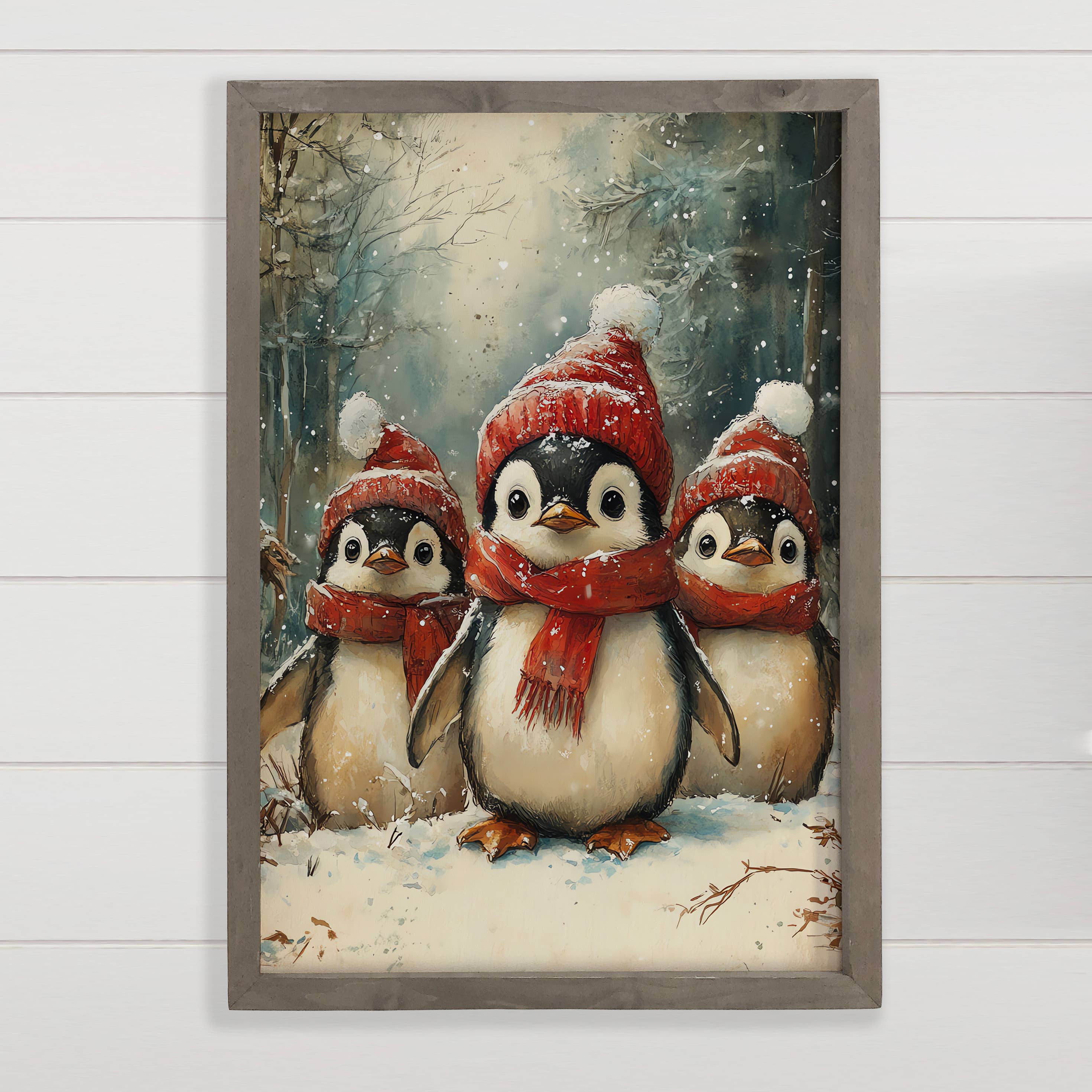 Penguins Bundled Up - Cute Winter Animal Canvas Art - Framed