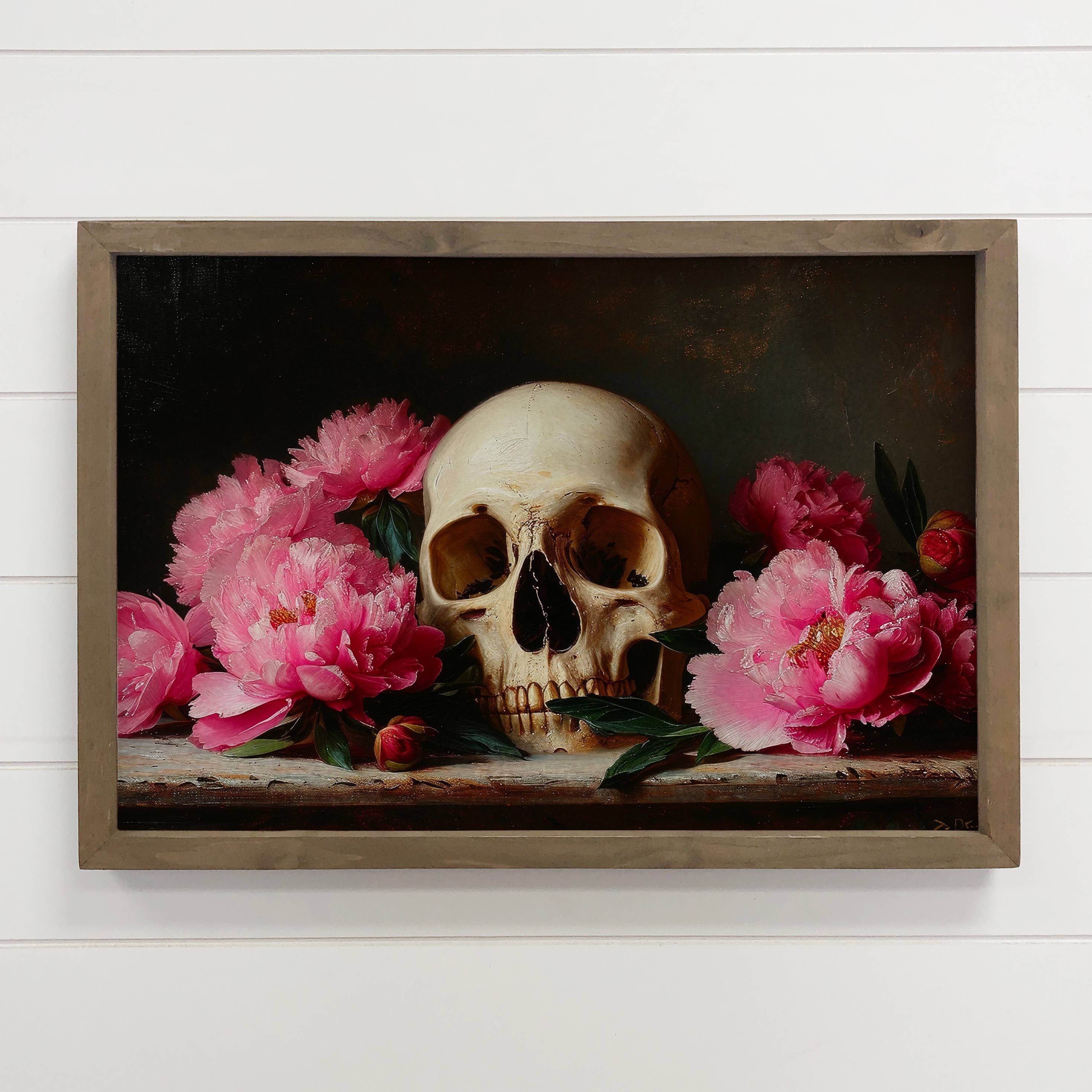Skull with Pink Peonies - Skull Canvas Art - Framed Decor
