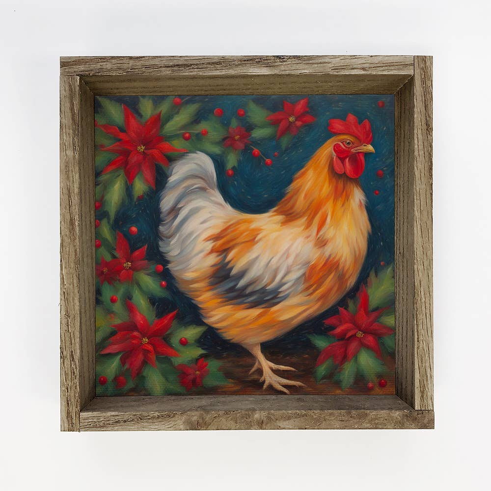 Chicken Pointsettias - Holiday Farm Animal Art - Farmhouse