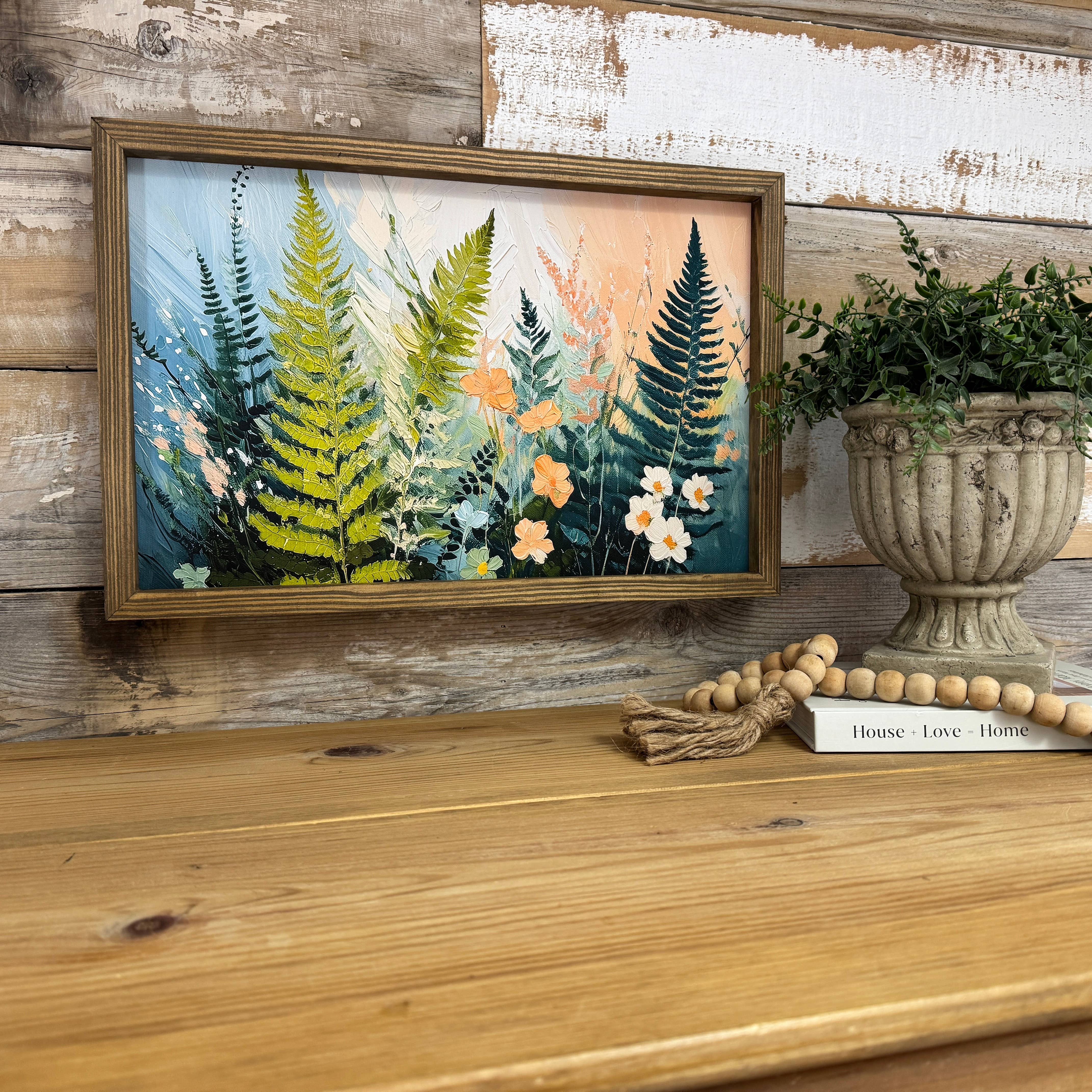 Ferns and Flowers - Flower Canvas Art - Wood Framed Artwork