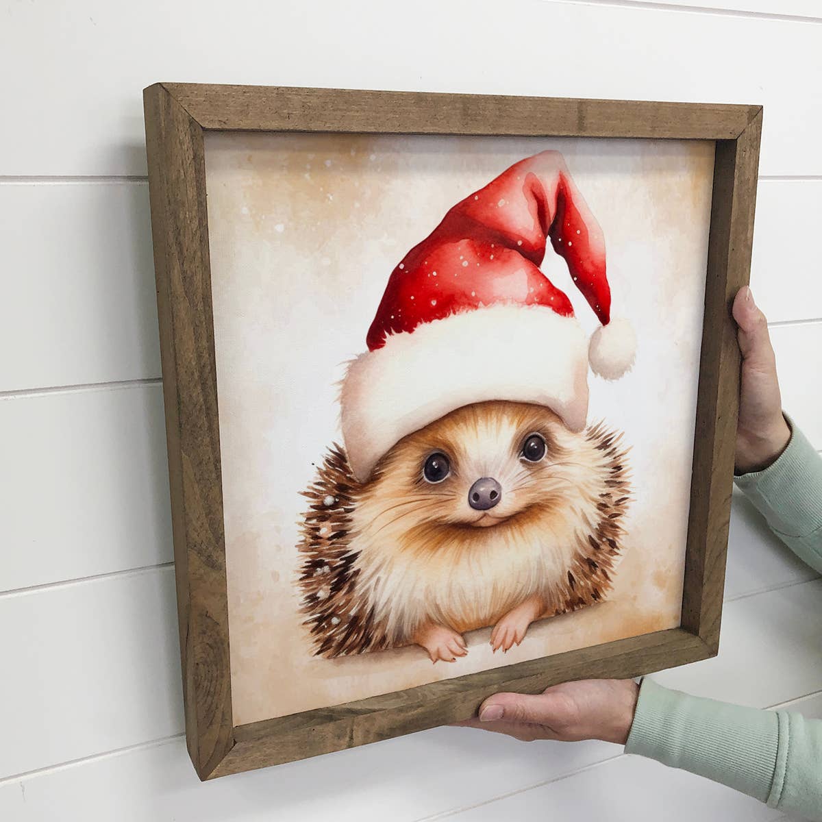 Hedgehog Santa Hat - Cute Holiday Animal Canvas Art - Framed