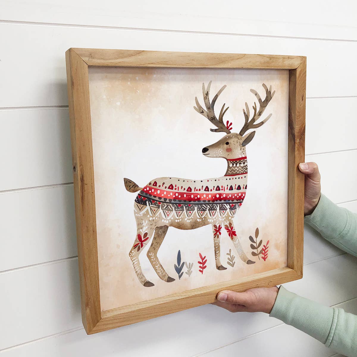 Scandi Watercolor Winter Deer - Deer Canvas Art - Wood Frame