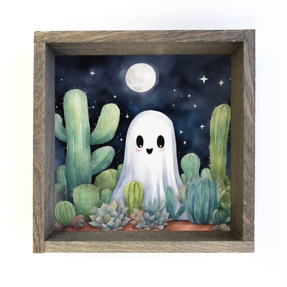 Cute Ghost with Cactus - Halloween Canvas Art - Wood Framed