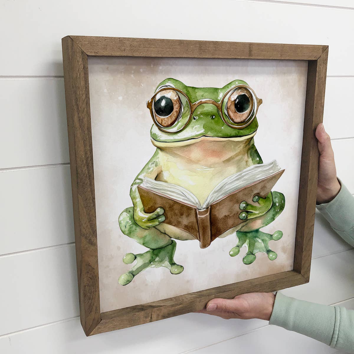 Frog Reading Book - Cute Frog Canvas Art - Wood Framed Art